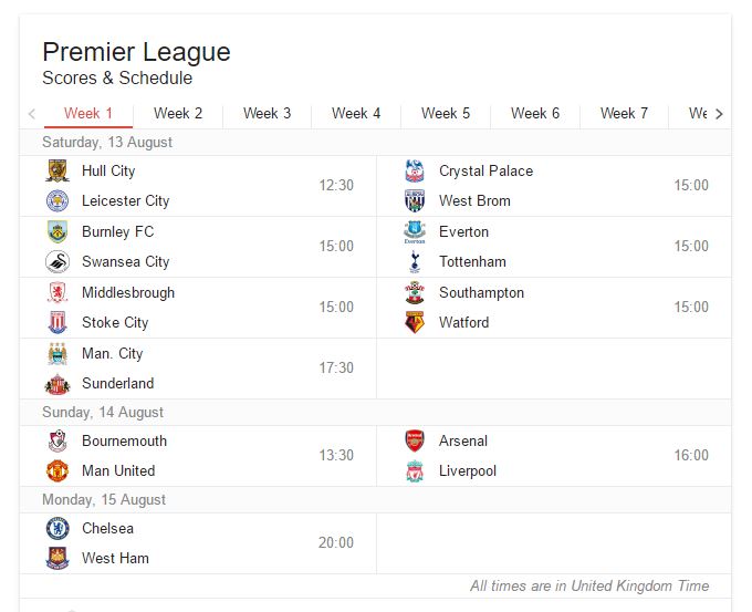 EPL WEEK 1 13th 14th 15th AUGUST 2016